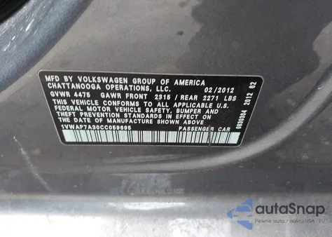 2012 Volkswagen Passat 2.5L S from USA, damaged, VIN 1VWAP7A30CC059695